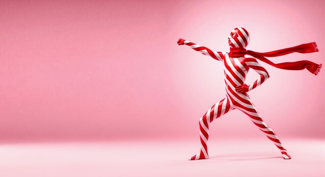 Quirky superhero in candy cane striped costume strikes a power pose. Fun holiday character for Christmas advertising. Minimalist concept with copy space on pink background