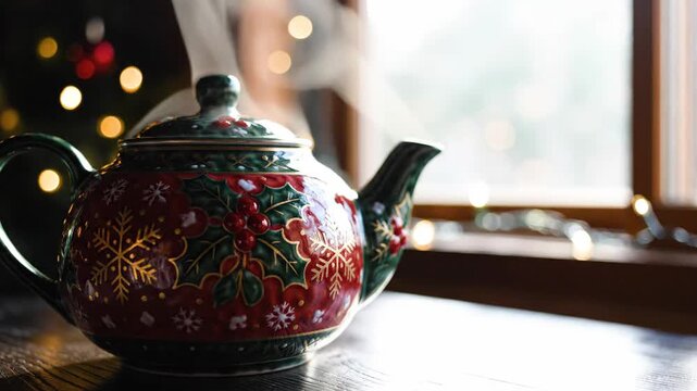 Festive ceramic teapot with Christmas pattern and steam