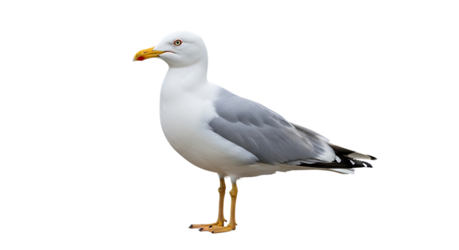 Seagull, White and grey with a yellow beak and red-ringed eyes standing facing left, isolated on white or transparent background. PNG