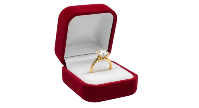 Engagement ring, Gold diamond in open red velvet jewelry box, isolated on white or transparent background. PNG