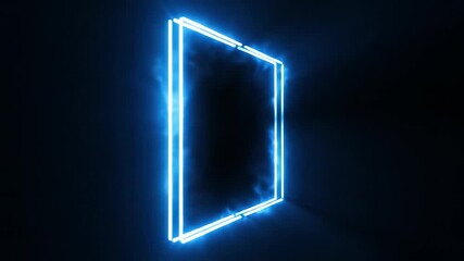 A bright blue neon rectangle glows intensely in the darkness emanating light outwards.