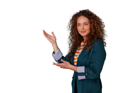 Confident businesswoman presenting information, pointing hand gesture, showing a product or idea, transparent background