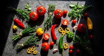 A vibrant assortment of fresh vegetables and herbs arranged on a dark textured surface