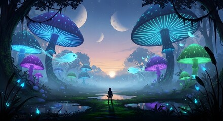 Magical forest with giant bioluminescent mushrooms and a lone figure at dusk