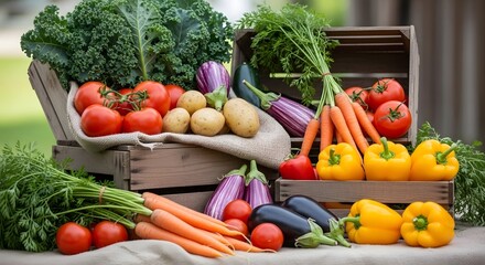 Abundant display of fresh, colorful vegetables and root produce in rustic crates