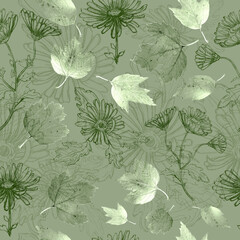 Seamless Blue Pattern with Flowers and Leaves