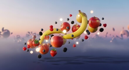 A surreal arrangement of floating fruits and berries with glowing lights