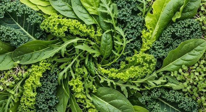 A closeup overhead view of a diverse assortment of fresh green leafy vegetables, creating a rich texture and pattern