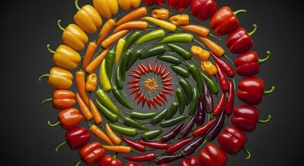 Colorful spiral arrangement of fresh peppers and carrots on dark background