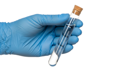 Hand, Blue gloved holding a glass test tube filled with clear liquid and cork stopper, isolated on white or transparent background. PNG