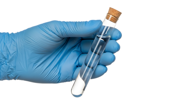 Hand, Blue gloved holding a glass test tube filled with clear liquid and cork stopper, isolated on white or transparent background. PNG