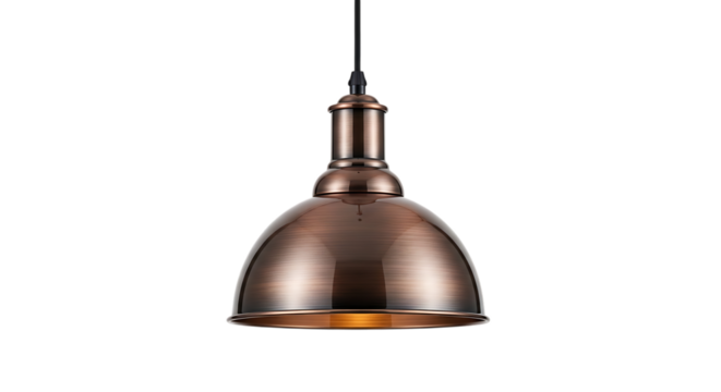 Pendant light fixture, Antique copper dome with brushed metal finish, isolated on white or transparent background. PNG
