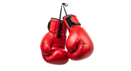 Boxing gloves, Pair of red leather hanging by a black strap, isolated on white or transparent background. PNG