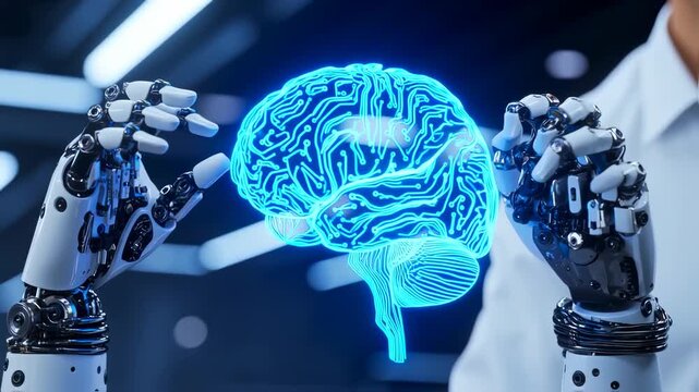 Futuristic image Robotic hands gently hold a glowing, circuit-like brain model - Powered by Adobe