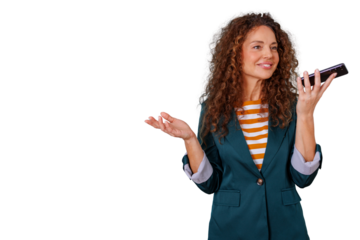 Businesswoman talking on speakerphone, actively communicating and gesturing, engaging in a pleasant phone call with a confident smile