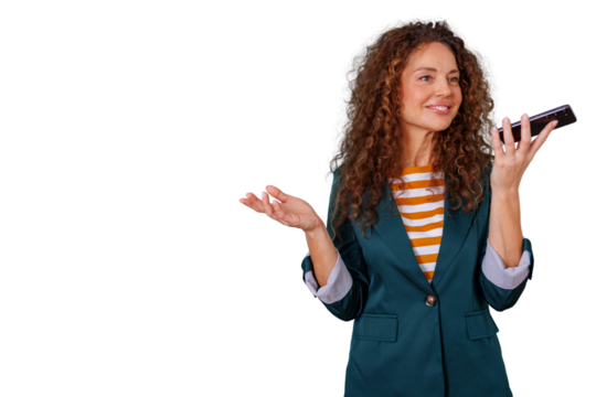Businesswoman talking on speakerphone, actively communicating and gesturing, engaging in a pleasant phone call with a confident smile - Powered by Adobe
