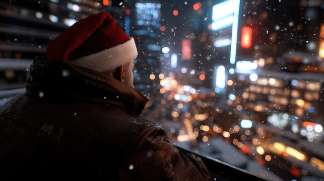 A contemplative Santa Claus admires the urban nightscape blanketed in snow, reflecting on the spirit of the festive season and the beauty of city life during wintertime.