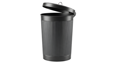 Trash can, Dark gray metal with open lid and vertical ribbed texture, isolated on white or transparent background. PNG