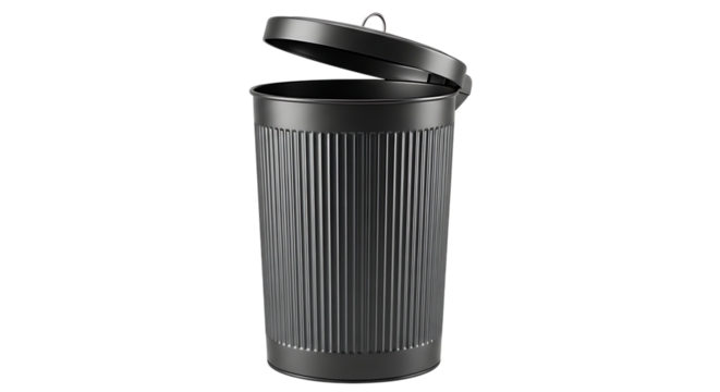 Trash can, Dark gray metal with open lid and vertical ribbed texture, isolated on white or transparent background. PNG