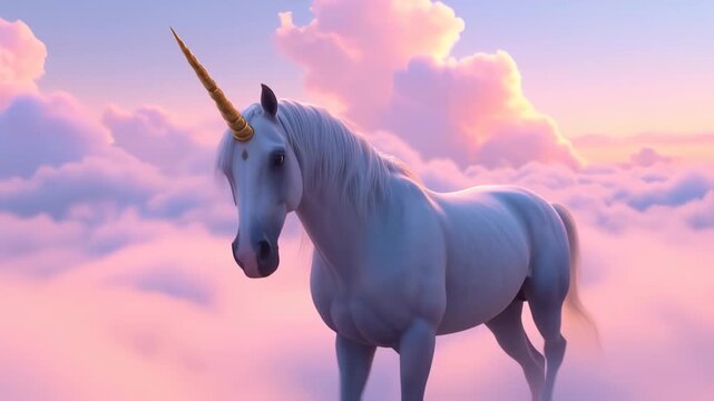 A white unicorn with a golden horn floats gracefully amidst pink and purple clouds