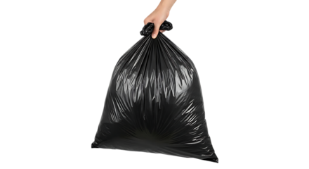 Garbage bag, Full black with a tied knot at the top, isolated on white or transparent background. PNG