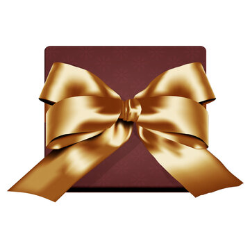 Top view of an elegant square gift box, wrapped in deep burgundy paper, with a subtle snowflake pattern and a large, luxurious gold satin bow. Ideal for holiday greetings, luxury product promotions, o