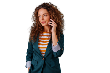 Woman with curly hair making a call on a phone, communicating and connecting, business casual professional