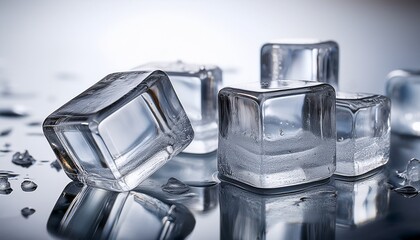 close up of clear ice cubes glistening showcasing their unique textures and reflections against a light background
