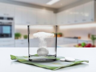 Glass with water and white medical pill