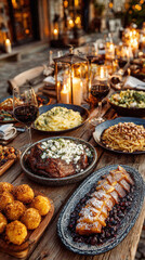 Fototapeta premium rich European dishes, including roast meat, pasta, and desserts, surrounded by wine glasses and glowing candles in lanterns, creating a warm and inviting atmosphere.