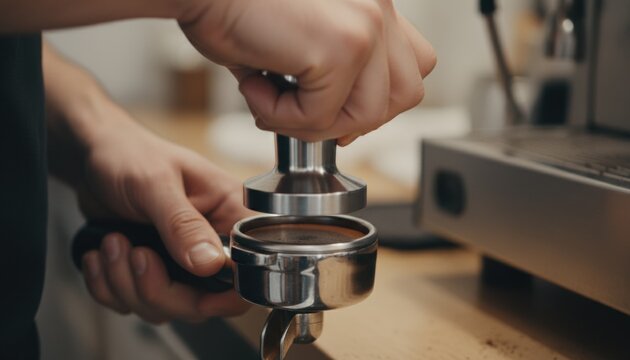 Barista pressing espresso grounds with tamper in coffee shop, focusing on craftsmanship and detail in modern artisanal coffee preparation process