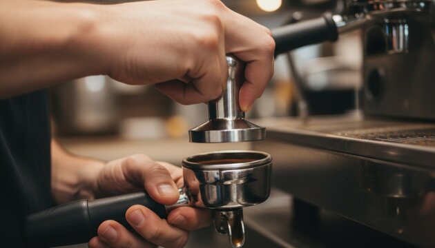 Barista pressing coffee grounds into portafilter preparing espresso in cozy cafe highlighting craftsmanship focus and passion for quality brewing