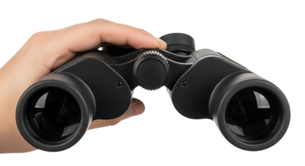 Binoculars, Hand holding black with focus adjustment wheel, isolated on white or transparent background. PNG