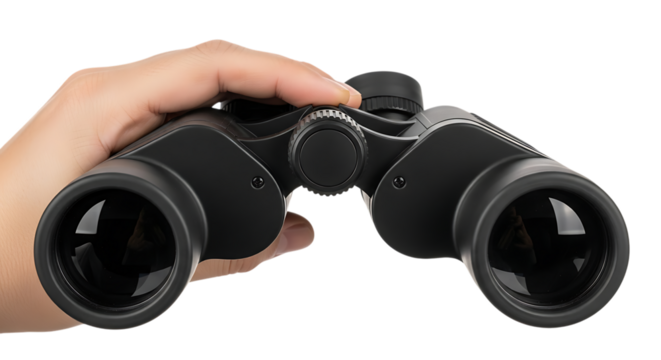 Binoculars, Hand holding black with focus adjustment wheel, isolated on white or transparent background. PNG