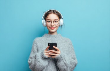Young woman in cozy sweater using smartphone with headphones