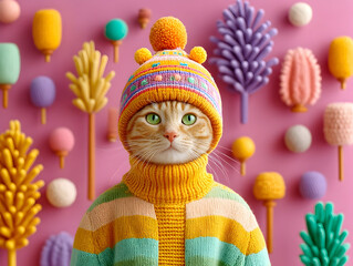 Close-up portrait of an cat wearing a colorful handmade winter woolen hat and a multi-colored sweater, funny animals, comical photos of pets, humor