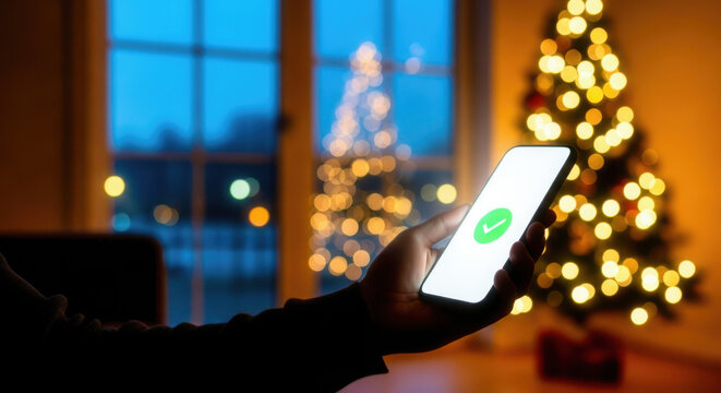 Hand holding smartphone at Christmas night, successful checkout shown on device, bokeh lights from window view. Intended for ads related to Christmas sales and Black Friday.