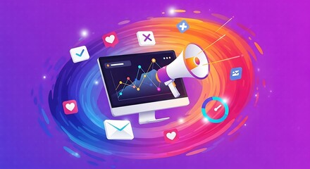 Computer screen with marketing megaphone surrounded by social media icons on colorful swirling background