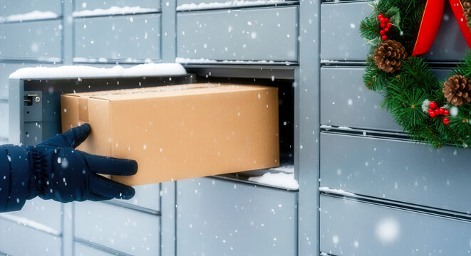 Package delivery man puts box into locker with Christmas wreath during snowfall. Depicts convenient parcel pickup service and the holiday season, useful for articles about shopping or Christmas sales.