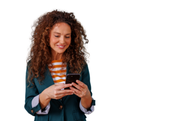 Woman smiling using phone, texting and browsing social media transparent on a digital device, white space on the right