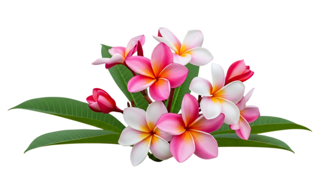 Plumeria Flowers, with pink white and orange centers and green leaves, isolated on white or transparent background, PNG