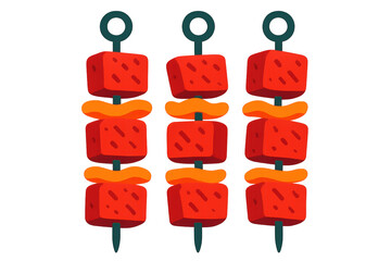 Skewers with grilled meat and vegetable pieces. Barbecue food illustration for summer or picnic events