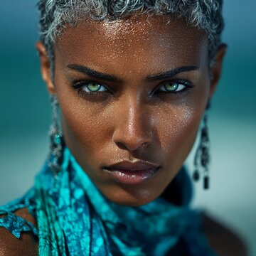 Fashion portrait, mixed-race African American model, bronze skin at midday sunlight. Fierce sea-green eyes, short curly grey hair, sparkling aquamarine native tie-dye adire fabric, diamond earrings