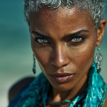 Fashion portrait, mixed-race African American model, bronze skin at midday sunlight. Fierce sea-green eyes, short curly grey hair, sparkling aquamarine native tie-dye adire fabric, diamond earrings