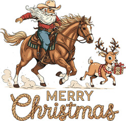 Cowboy Santa Riding Horse with Reindeer and Gift – Western Merry Christmas Illustration