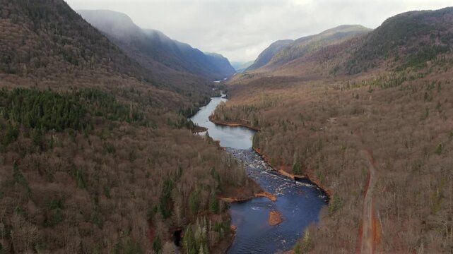 Drone Aerial View of Jacques Cartier River Flowing Through Forested Valley