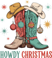 Howdy Christmas Western Boots Illustration with Cowboy Hats and Ornaments – Festive Country Holiday Design