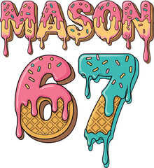 Mason 67 Trend Dripping Ice Cream Text Illustration with Waffle Numbers and Colorful Melted Letters