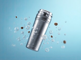 Sleek silver thermos with coffee beans