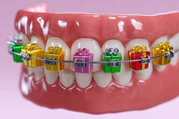 Macro dental braces adorned with colorful holiday gift boxes.